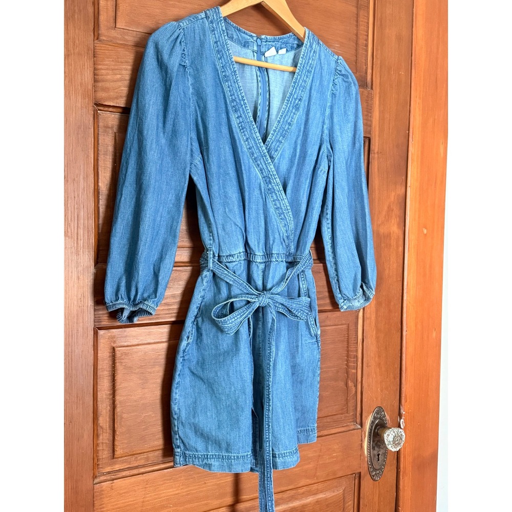 Gap Womens Blue Chambray Wrap Romper Long Puff Sleeve Tie Waist Size 8
